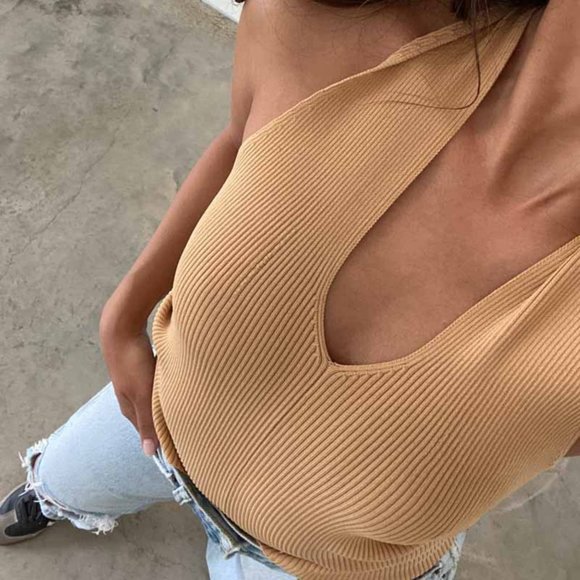 Nude Honey Beige Knit Halter Top: Spring Style - Picture 2 of 6